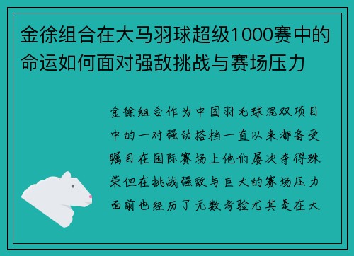 金徐组合在大马羽球超级1000赛中的命运如何面对强敌挑战与赛场压力