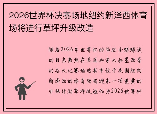 2026世界杯决赛场地纽约新泽西体育场将进行草坪升级改造