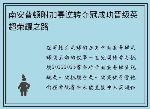 南安普顿附加赛逆转夺冠成功晋级英超荣耀之路